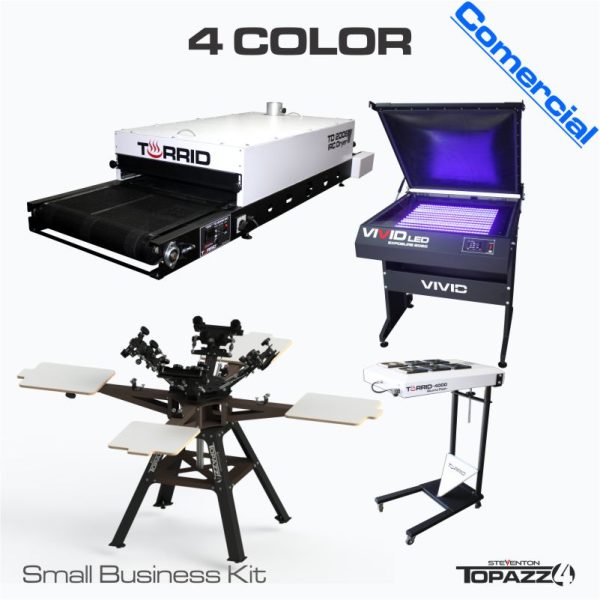 4 Color Small Business Screen Print Shop Featuring: Topazz 4, Torrid TD2006 Dryer, Torrid 4000 Flash Dryer, Vivid UV Led 6050 Exposure Unit and Supplies.